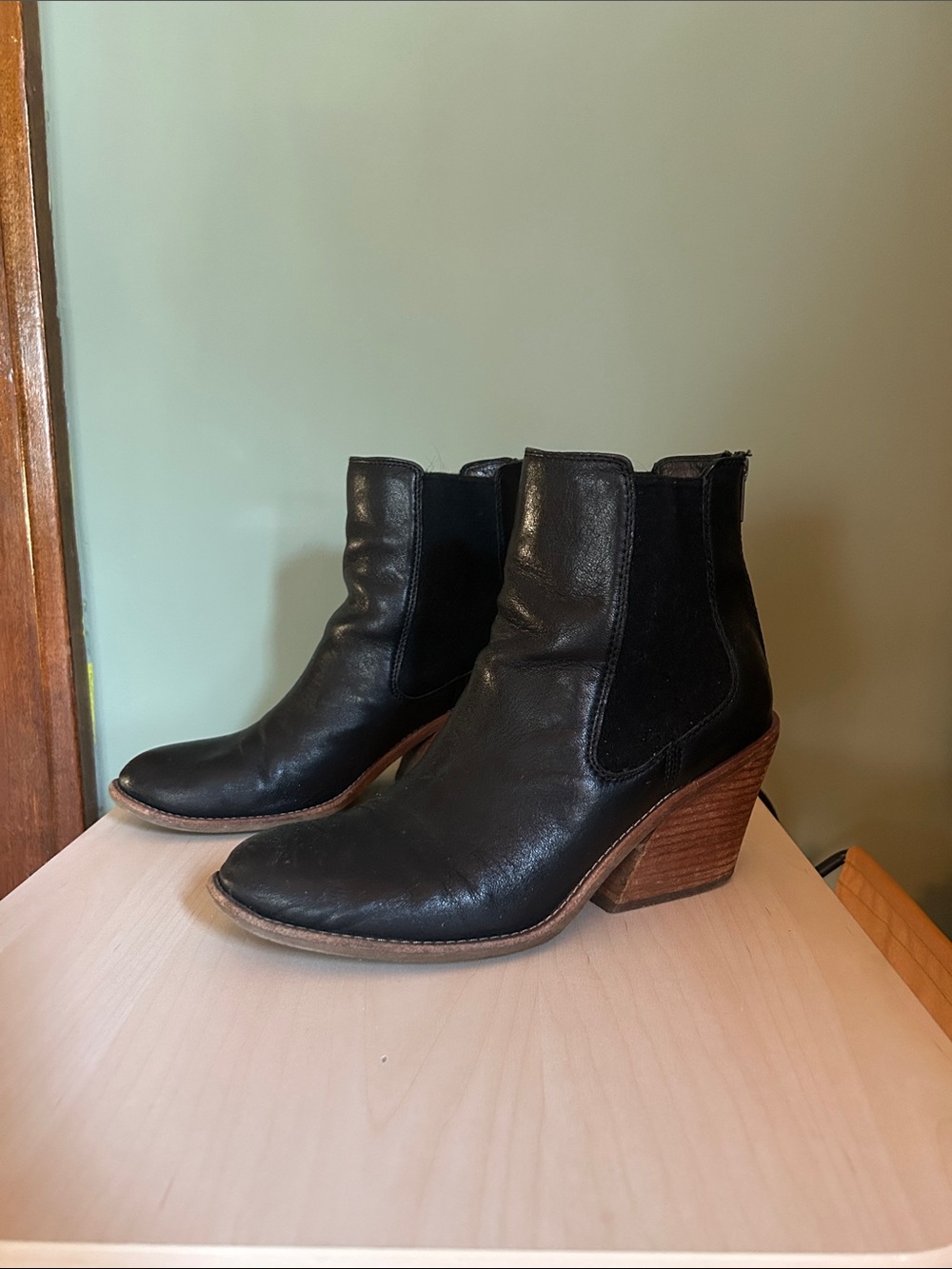 Sofft Black Leather Chelsea Ankle Boots with Stacked Wood Heel